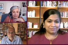 Richard von Weizsäcker Fellow Ratna Omidvar, Dipesh Chakrabarti, and Pradnya Bivalkar during the recording of The Next Question on Belonging.